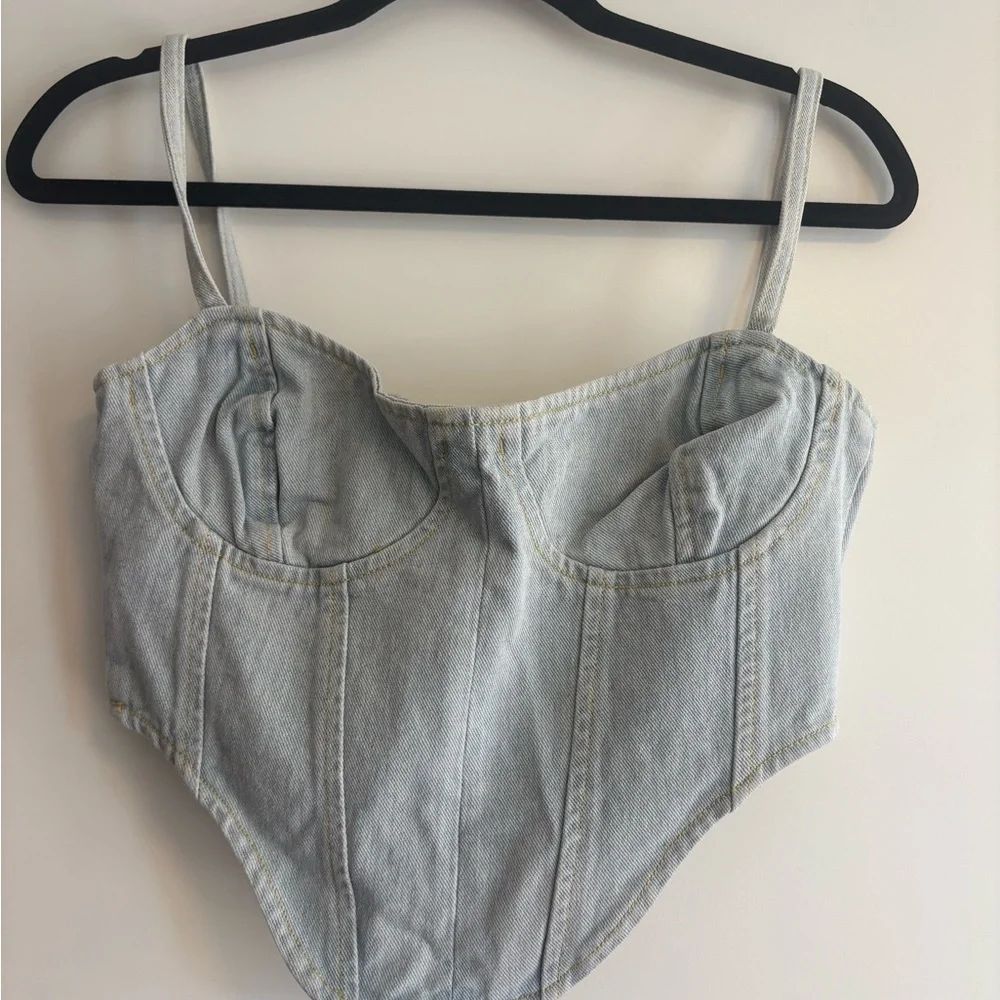 PrettyLittleThing Light Wash Denim Corset Crop Top